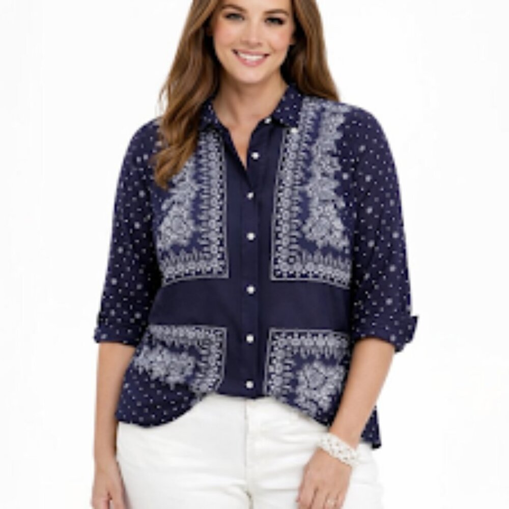 womens XL long sleeve button up blouse  with blue paisley allover print in blue